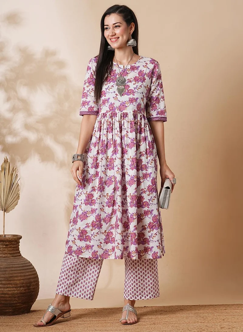 globus Globus Women Off-White Floral Printed High Slit Pure Cotton A-Line Kurta With Trousers